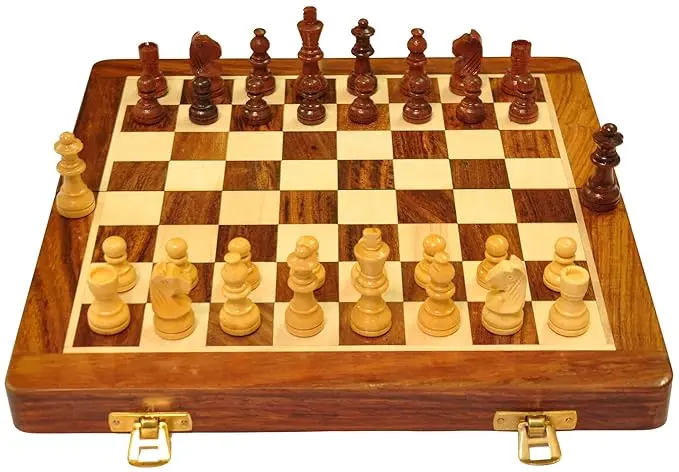 PALM ROYAL HANDICRAFTS Wooden Handmade Foldable Magnetic Chess Board Set Wooden with Magnetic Pieces and Extra Queens for Kids and Adults (12x12 Inches, Brown)